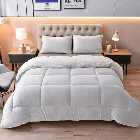 Silver Grey Quilted Fleece Sherpa Comforter