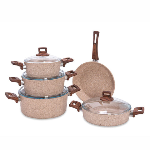 9Pcs Beige Non Stick Reinforced Stone Coated Cookware Set