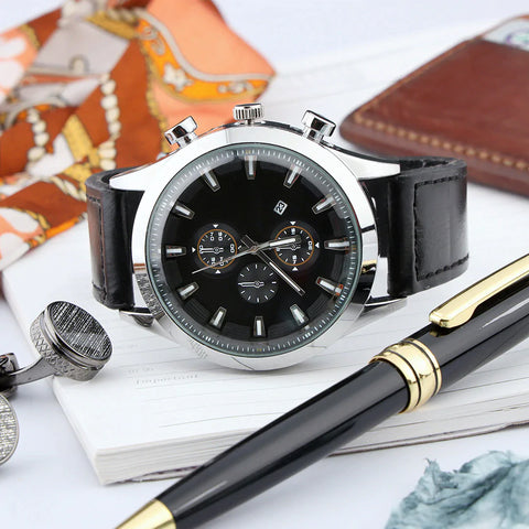Stainless Steel and Leather Men's Watch Gift Set