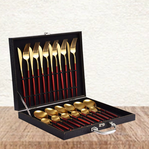 24Pcs Luxury Red And Gold Cutlery Set