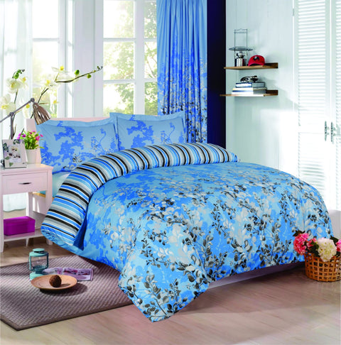 Floral Border Cotton Satin Bedsheet (Blue)