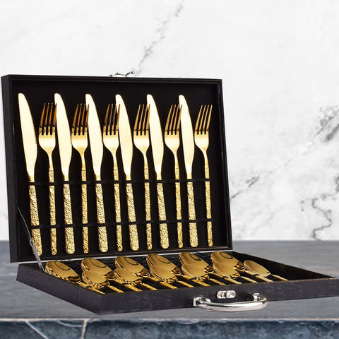24Pcs Luxury Gold Engraved Cutlery Set