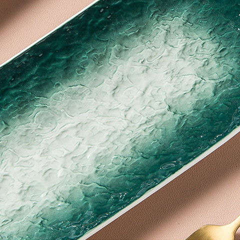 Aqua Long With Wooden Handle Rectangular Ceramic Tray