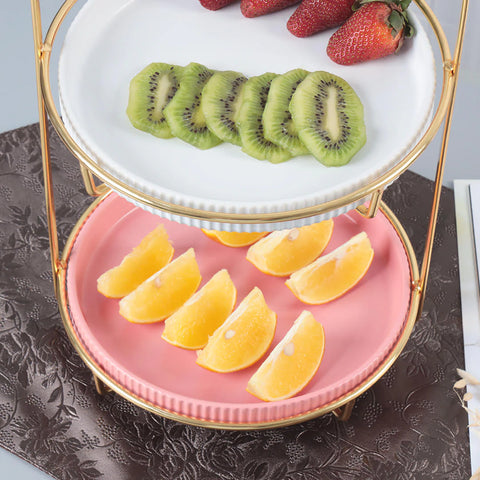2 Tier Nordic Style Round Marble Serving Tray-white& pink