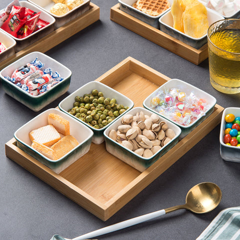 6Pcs Ceramic Grid With Wooden Tray