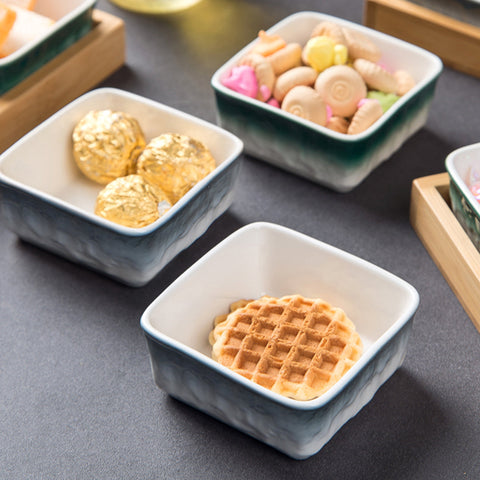 6Pcs Ceramic Grid With Wooden Tray