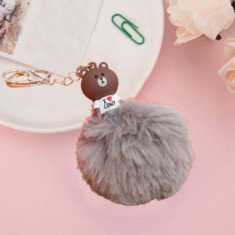 Fluffy Ball hanging Keychain- Brown Bear Character