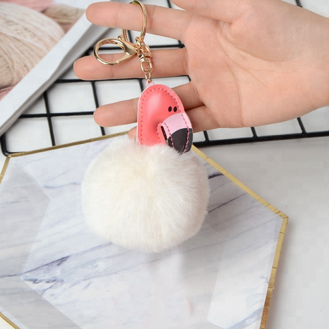 Fluffy Ball hanging Keychain-Flamingo Character