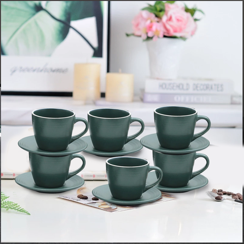 12Pcs Classic Glazed Green Expressive Ceramic Cup Set
