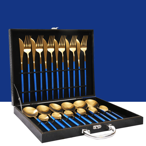 24Pcs Luxury Modern Blue And Gold Cutlery Set