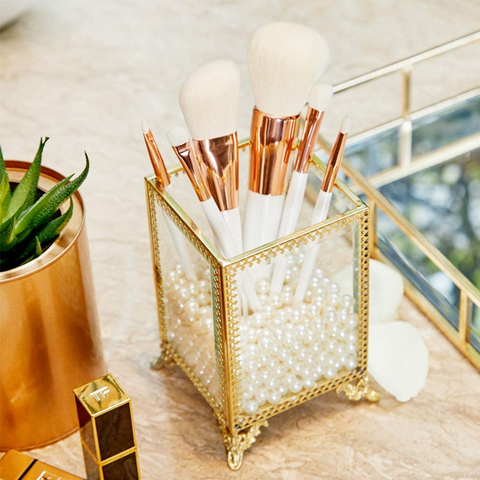 Gold Plated Square Glass Brush Holder