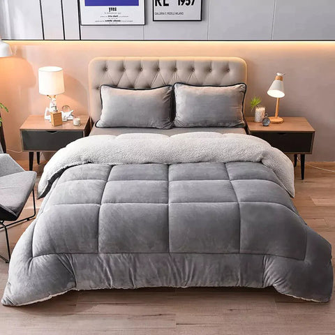 Grey Quilted Fleece Sherpa Comforter