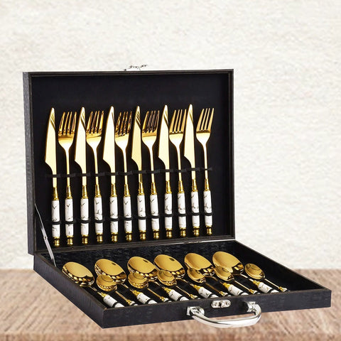 24Pcs Gold And White Marble Cutlery Set