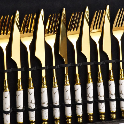 24Pcs Gold And White Marble Cutlery Set