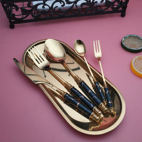 24Pcs Gold And Black Marblene Cutlery Set