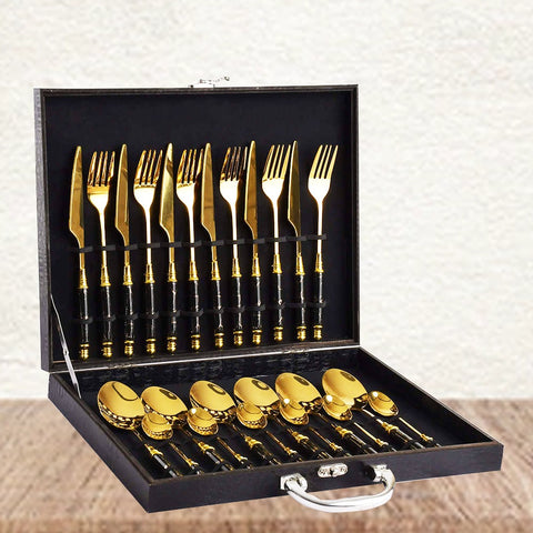 24Pcs Gold And Black Marblene Cutlery Set